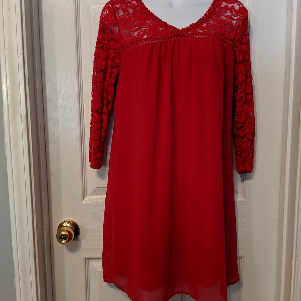 Dressy dress. Red with lace bodice, flowing skirt.